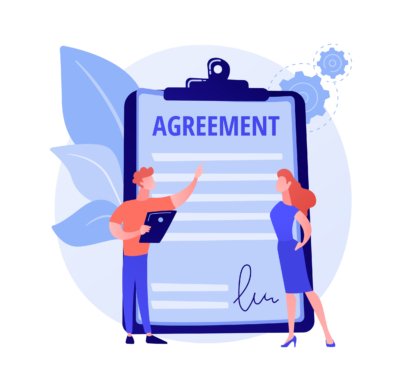 Document signing. Partnership deal, business consultation, work arrangement. Client and assistant writing contract cartoon characters. Vector isolated concept metaphor illustration