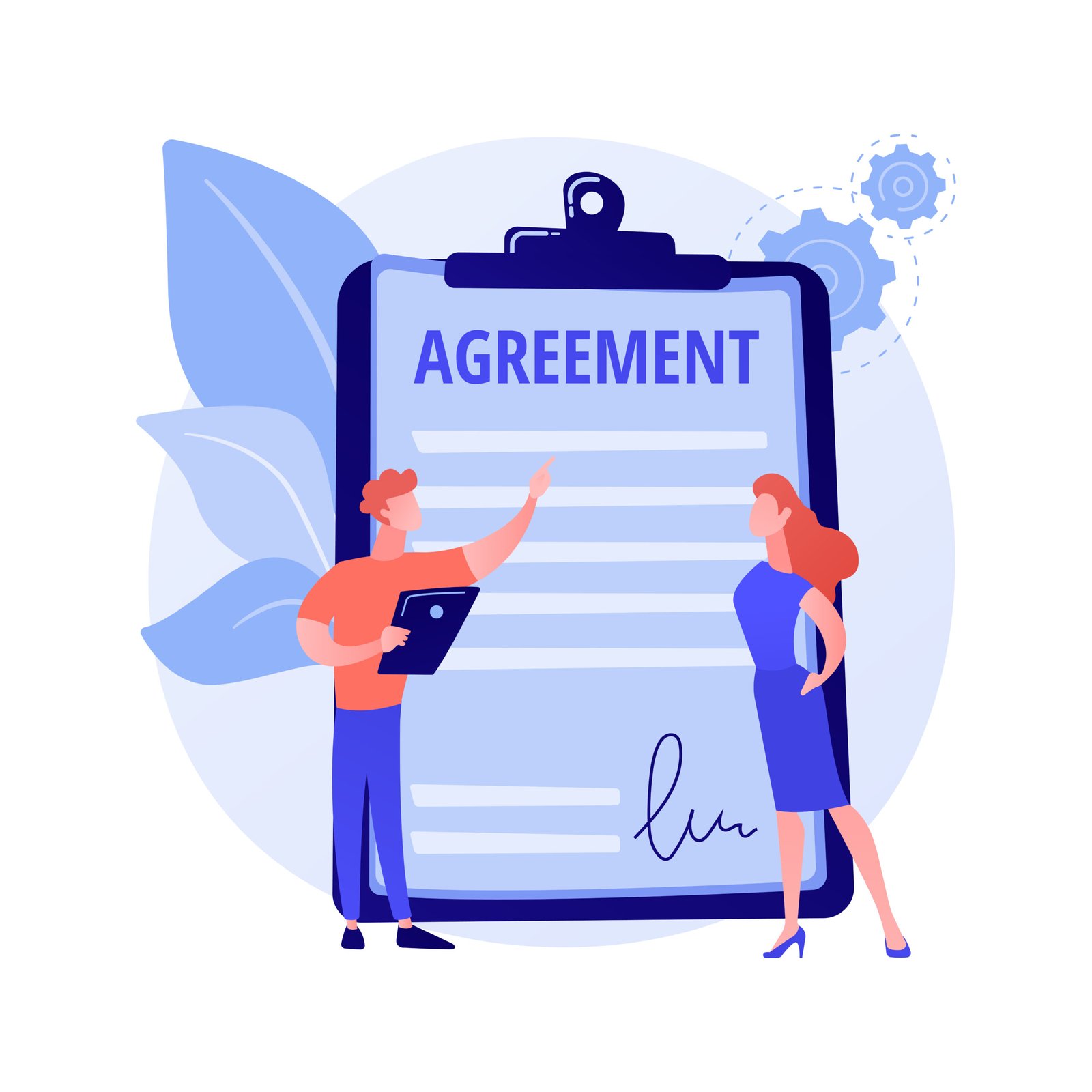 Document signing. Partnership deal, business consultation, work arrangement. Client and assistant writing contract cartoon characters. Vector isolated concept metaphor illustration